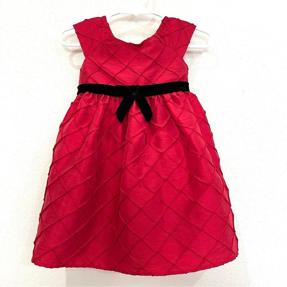 Youngland Red Dress w/ Black Velour Waist Tie & Raised Quilt-like Design - 18M